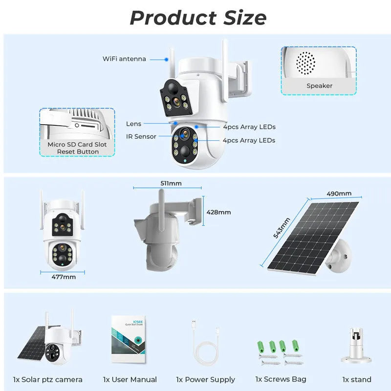Outdoor solar-powered wireless security camera with solar panel and 4MP resolution