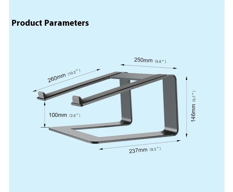 Aluminium alloy laptop stand in black or silver measuring 29.9 x 25.8 x 18.5 cm on a desk
