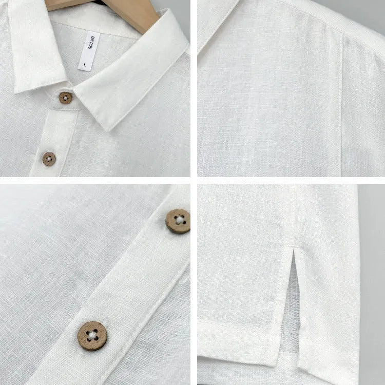 Men's loose-fit linen short-sleeved top in grey green on a hanger