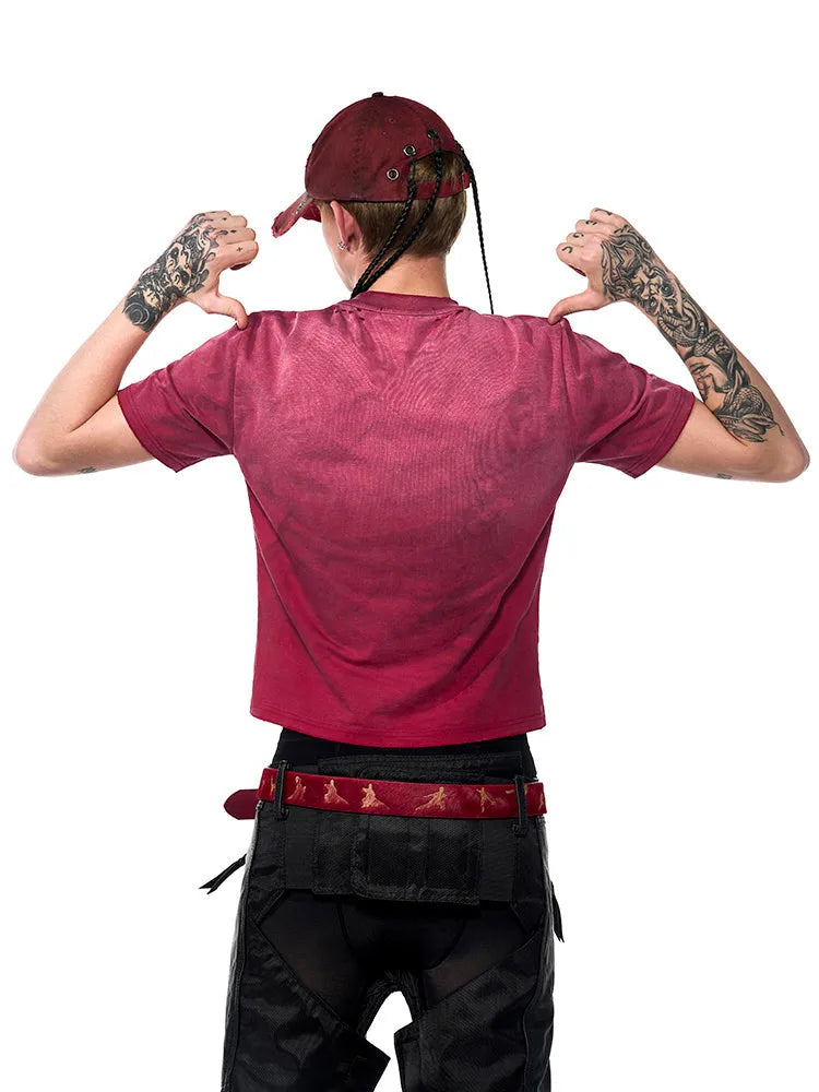 Men's red distressed slim-fit t-shirt with spray washed detailing and short sleeves