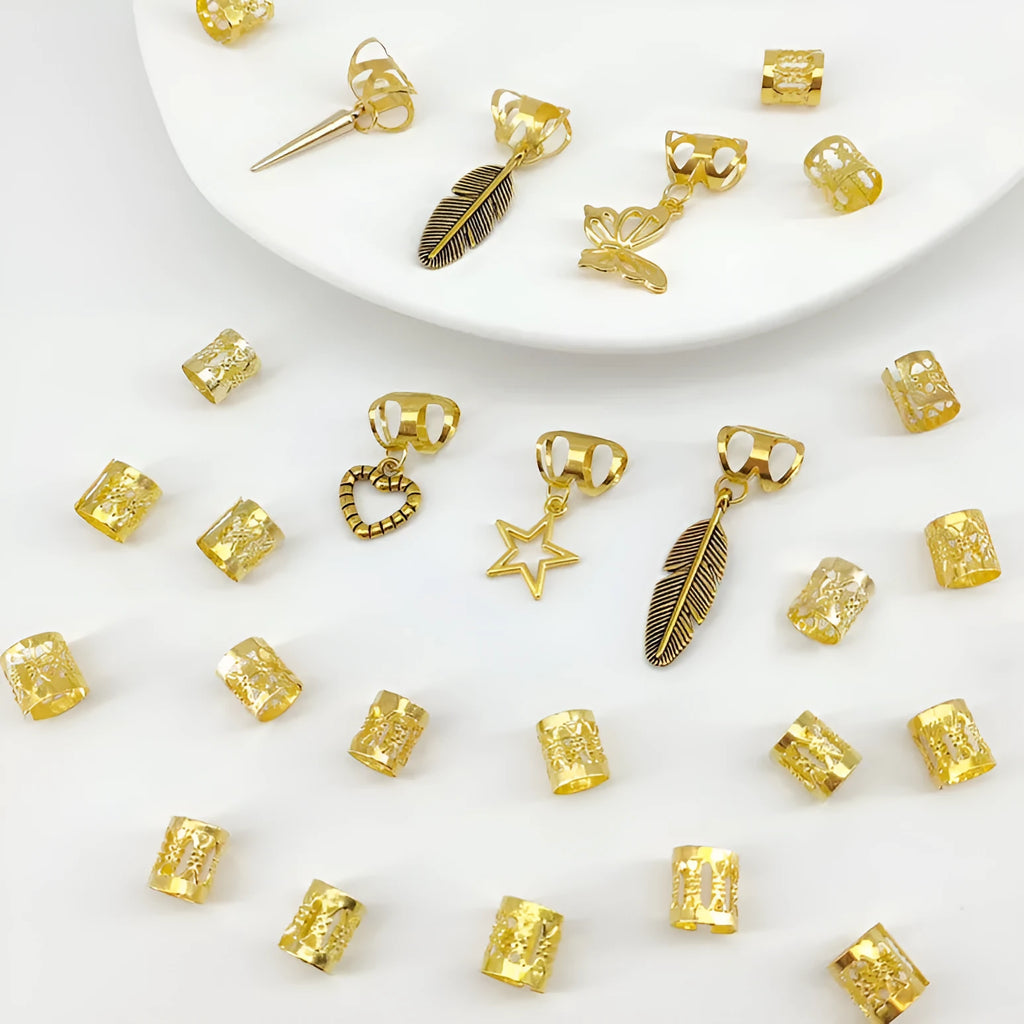 Alloy hair rings with antique leaves pattern in gold or silver, pack of 26 pieces