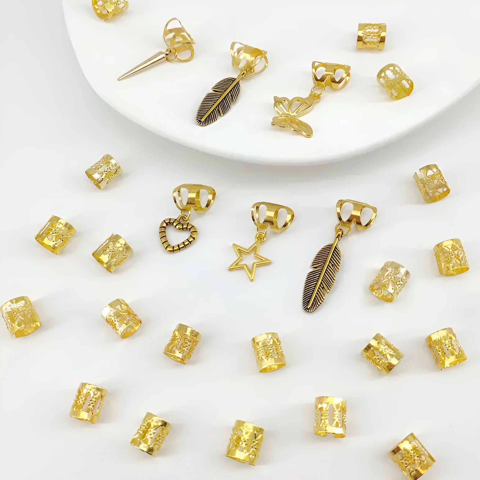 Alloy hair rings with antique leaves pattern in gold or silver, pack of 26 pieces