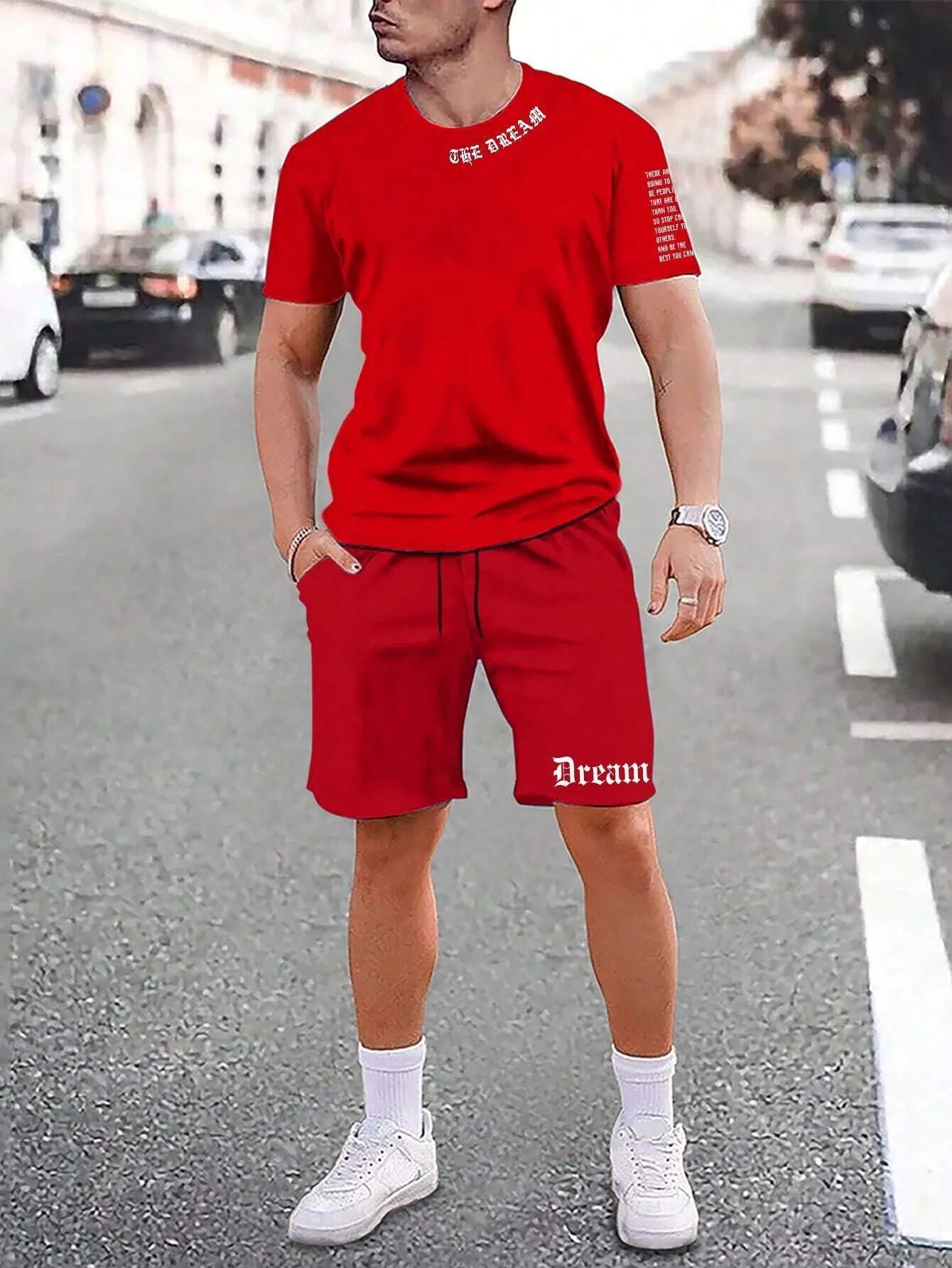 Men's printed polyester blend short sleeve top and matching shorts casual sports set