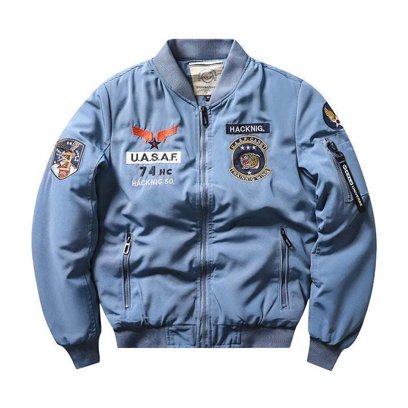 Slim-fit stand collar retro embroidery cotton-padded coat in blue colour with patch pockets