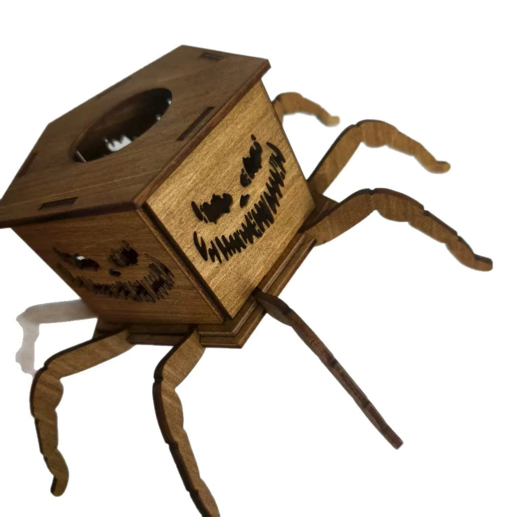 Wooden Halloween candlestick with spider design measuring 21cm by 8.5cm