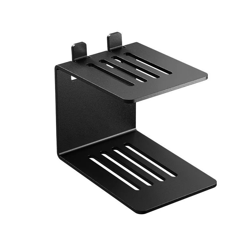 Black carbon steel single-layer desktop audio elevated rack with a speaker on top
