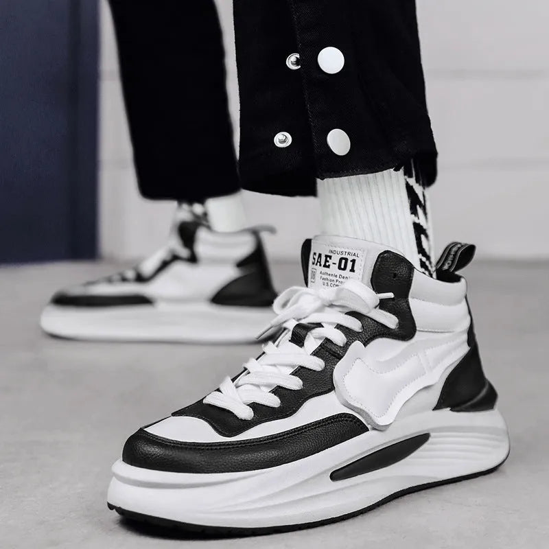 Men's black and white artificial PU leather platform high-top board shoes with round toe design