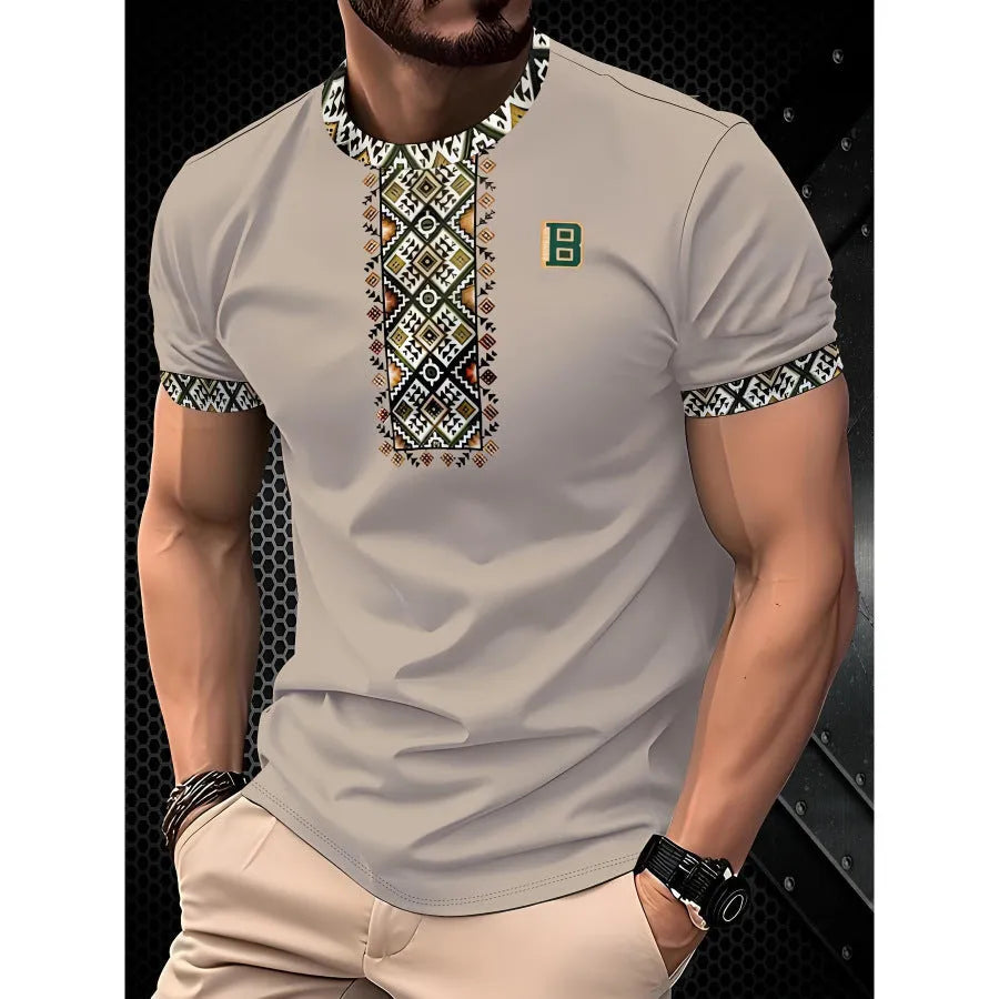 Men's striped short-sleeved t-shirt with digital 3D printing in loose fit polyester