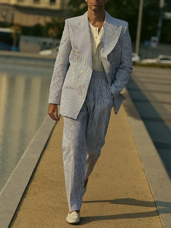 Blue and white striped polyester suit set for men with blazer and trousers