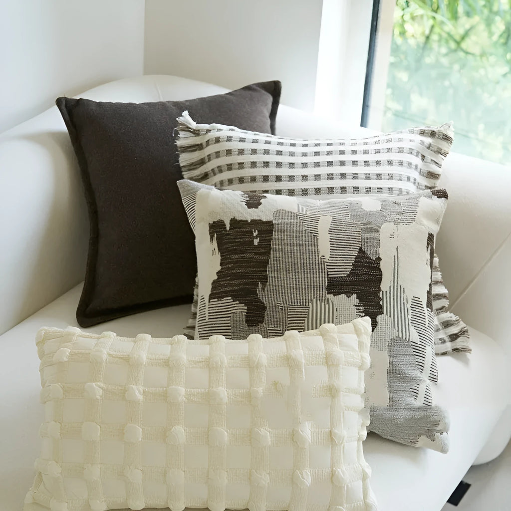 Coffee brown striped Chinese classical style pillow cushion on a sofa, shown in both square and waist pillow sizes.