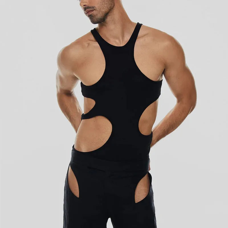 Men's sling double-shoulder strap hollow knitted vest in stretch slim fit polyester, black colour