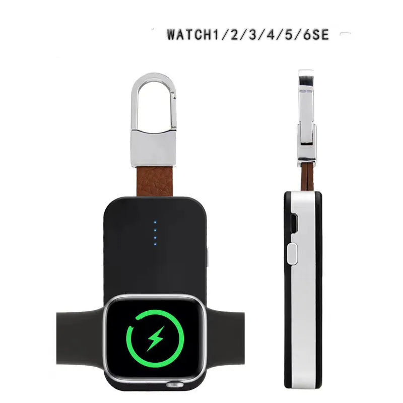 Black keychain-sized portable power bank for wireless Apple Watch charging