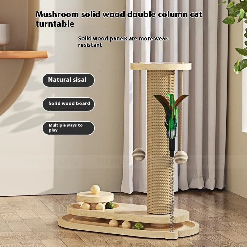 Solid wood cat scratching post with a central turntable, shown in a basic style big flower design