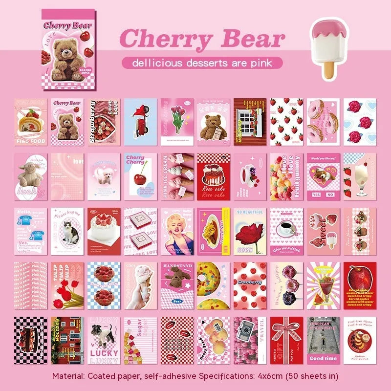 American retro cartoon sticker book open to show 4x6cm sheets in various colours including pink and black.