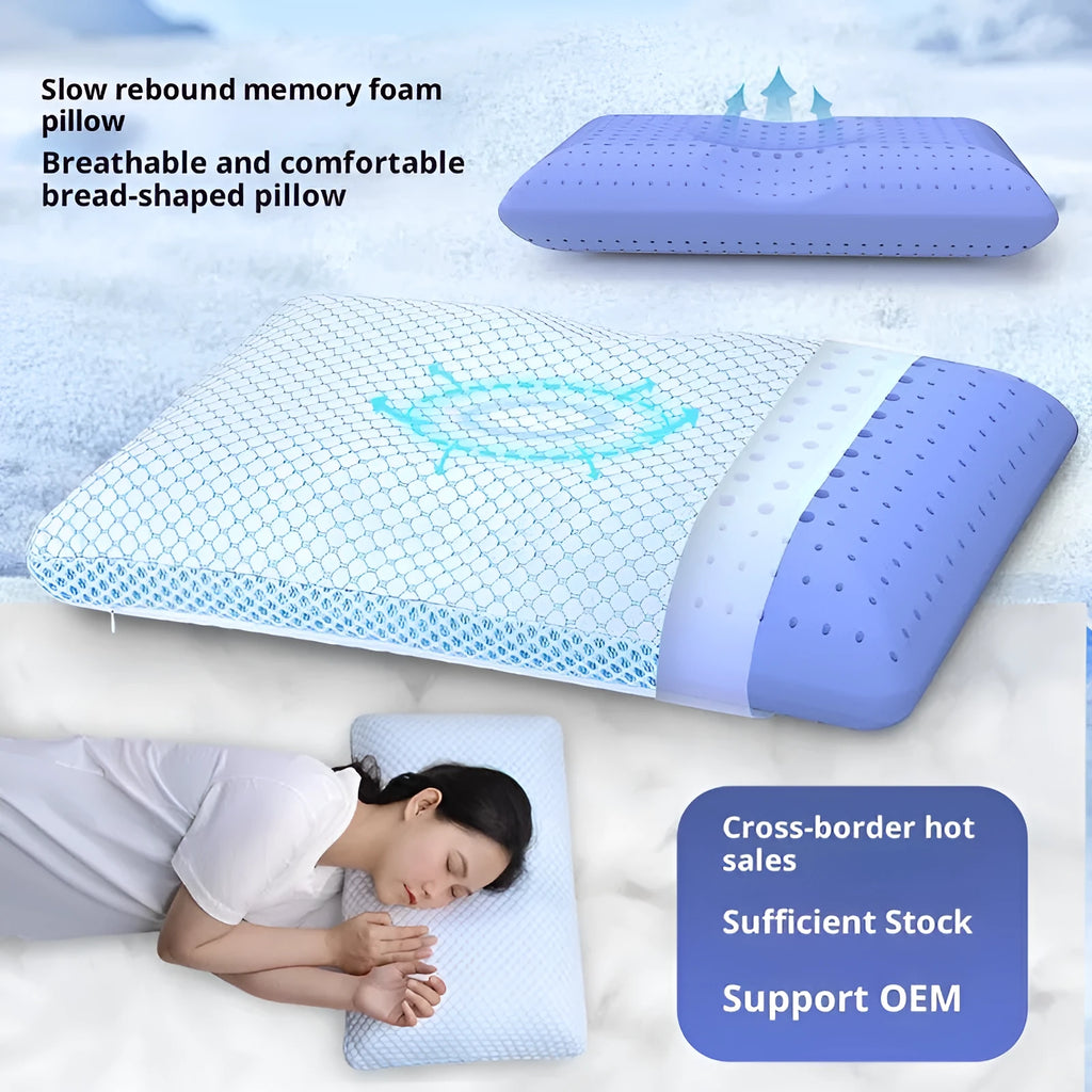 Household cervical memory foam pillow in white and blue, 63x36x13.5cm, with contoured neck support shape