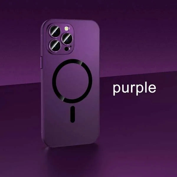 Aluminium alloy frame iPhone protective case with magnetic suction function shown in dark purple colour