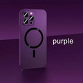 Aluminium alloy frame iPhone protective case with magnetic suction function shown in dark purple colour