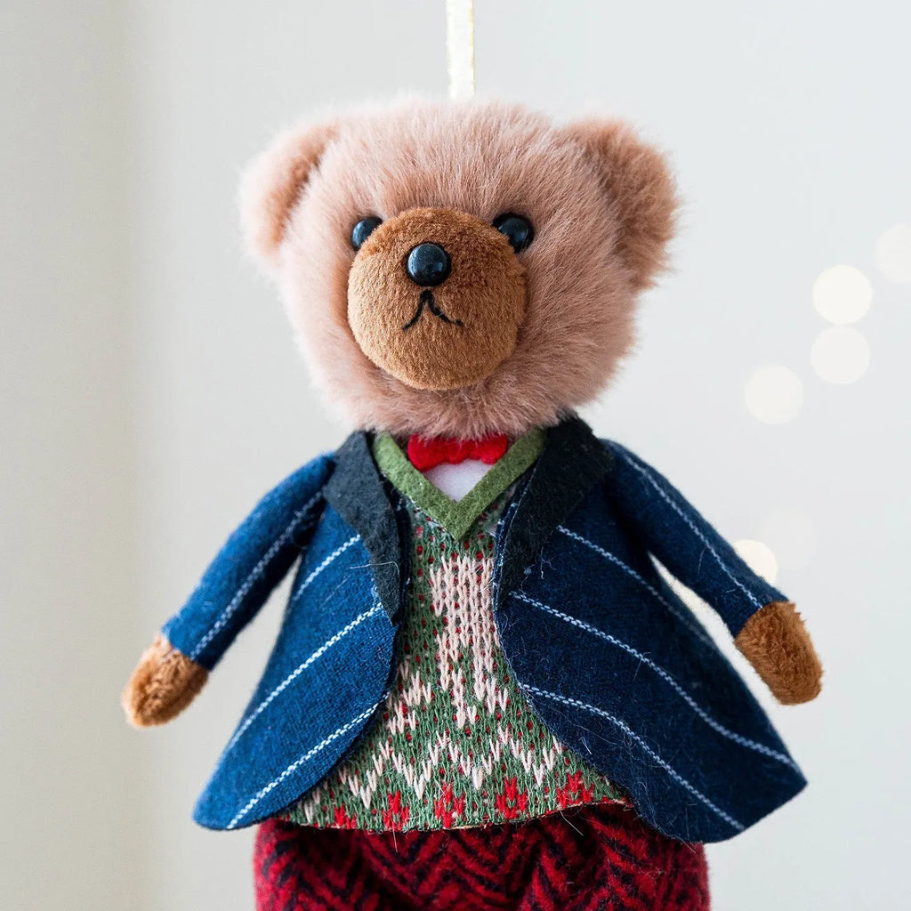 Cartoon plush bear couple in cotton plaid suits - gentleman bear and princess bear