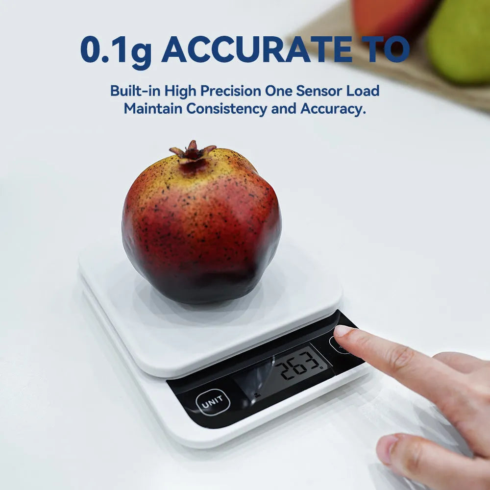 Black Bluetooth smart kitchen scale with nutrition calculator app on phone screen, 153x135x27mm