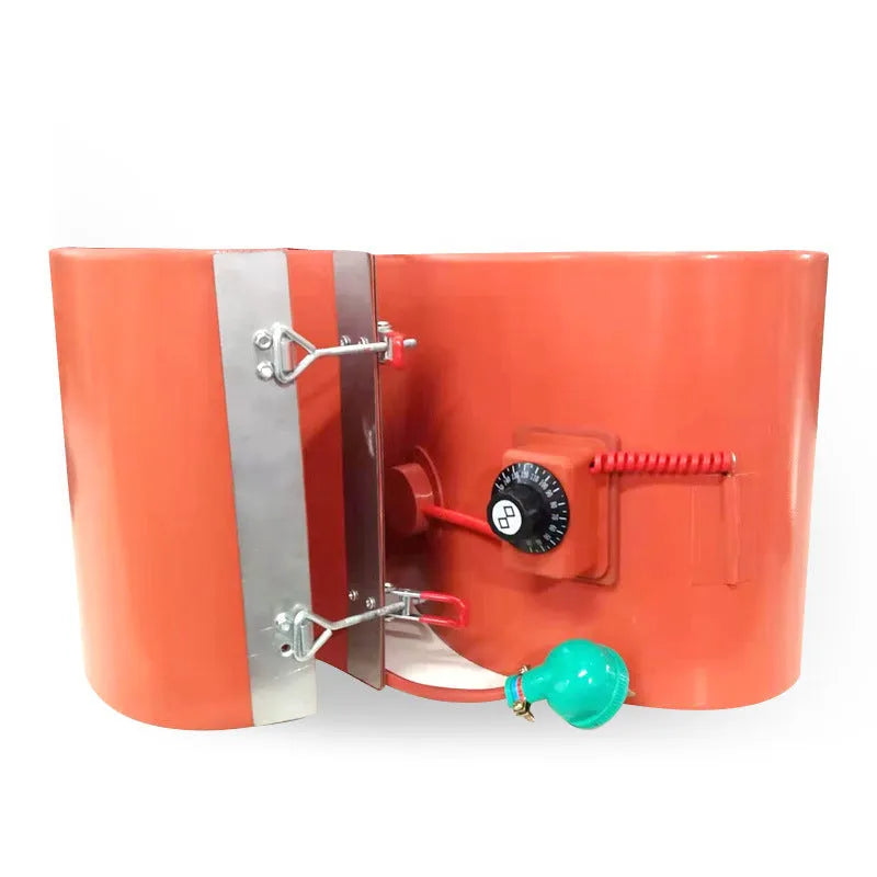 Silicone rubber heating belt wrapped around 200-litre oil drum for industrial heating applications