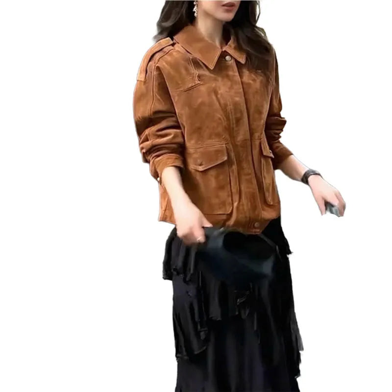 Women's street chic suede coat with regular sleeves in bright brown colour option