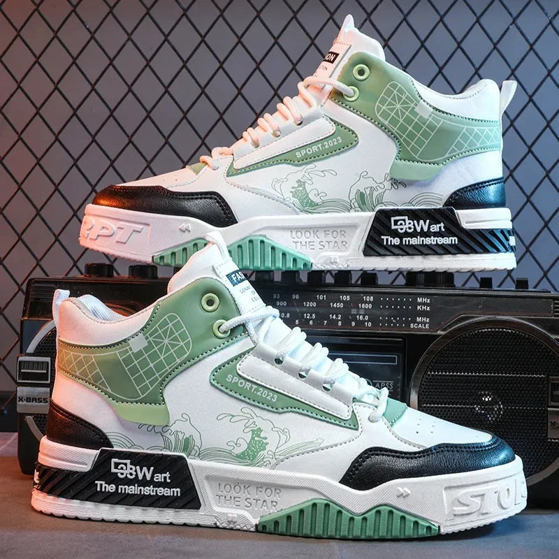 Men's beige, white, and blue high-top casual sneakers with lace-up front and rubber sole.