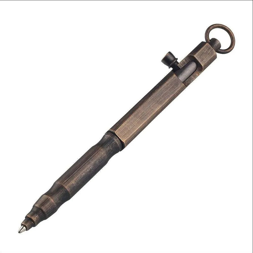 Brass hexagonal tactical pen in natural colour or black finish, 13cm length with bolt design