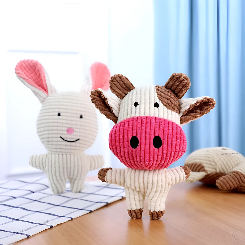 Cute animal shaped plush dog chew toy with squeaker in multiple colour options