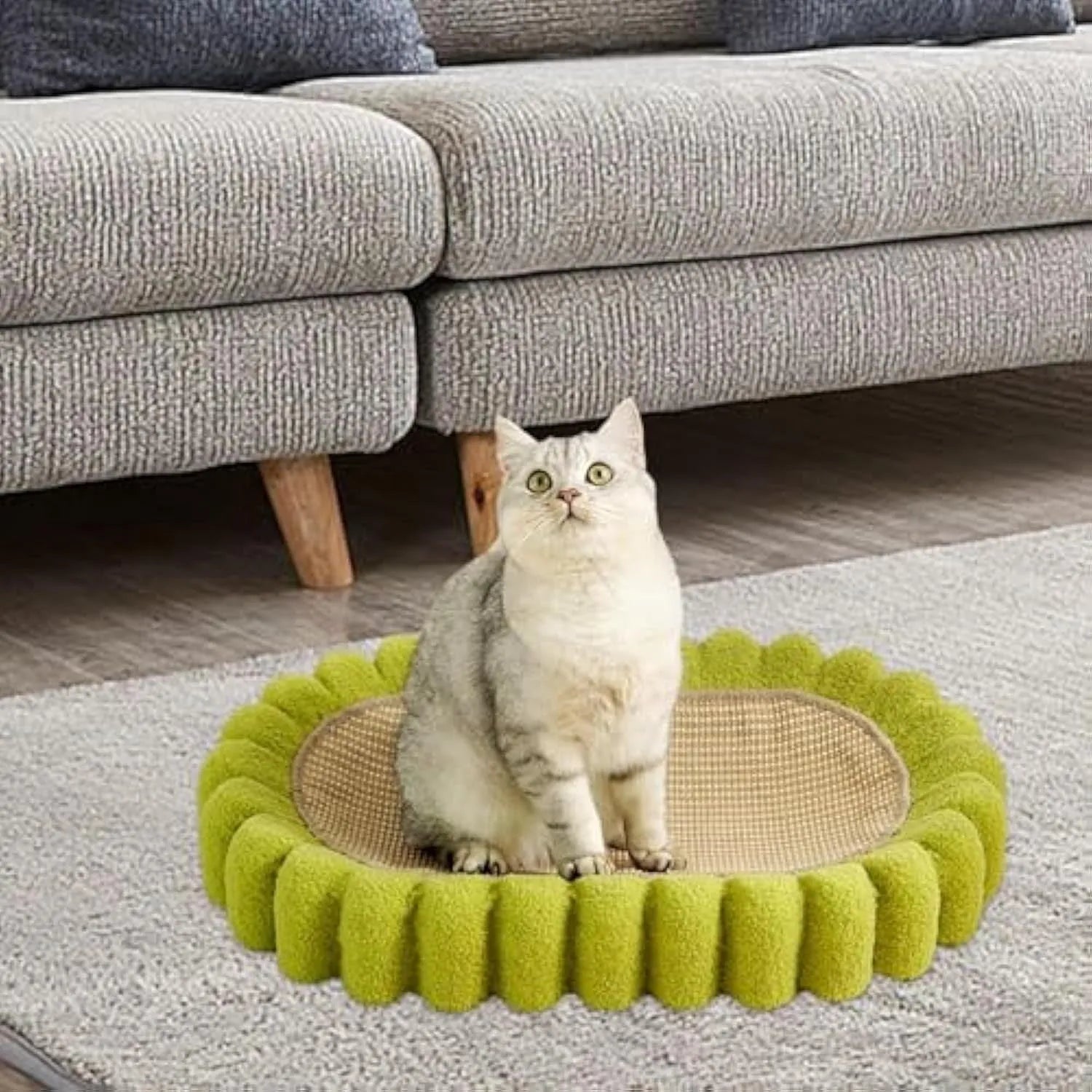 Green oval cat scratch pad bowl measuring 650mm with high hardness sisal scratching surface