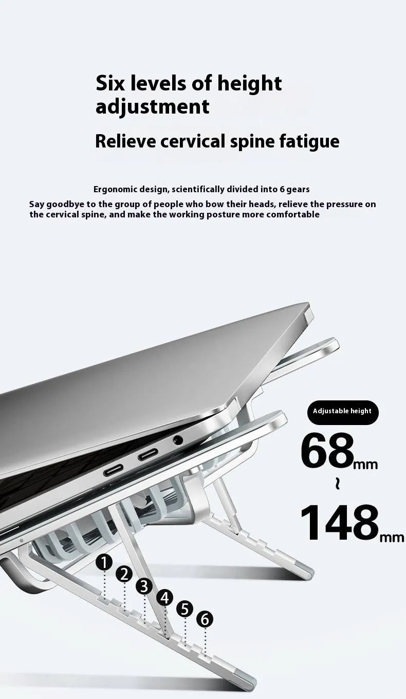 Silver aluminium laptop stand with dual cooling fans in folded position on desk
