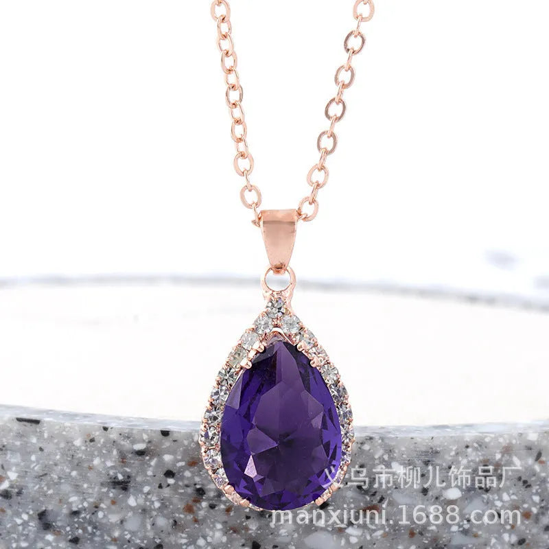Women's rose gold water drop rhinestone necklace with geometric design and artificial gemstone inlay