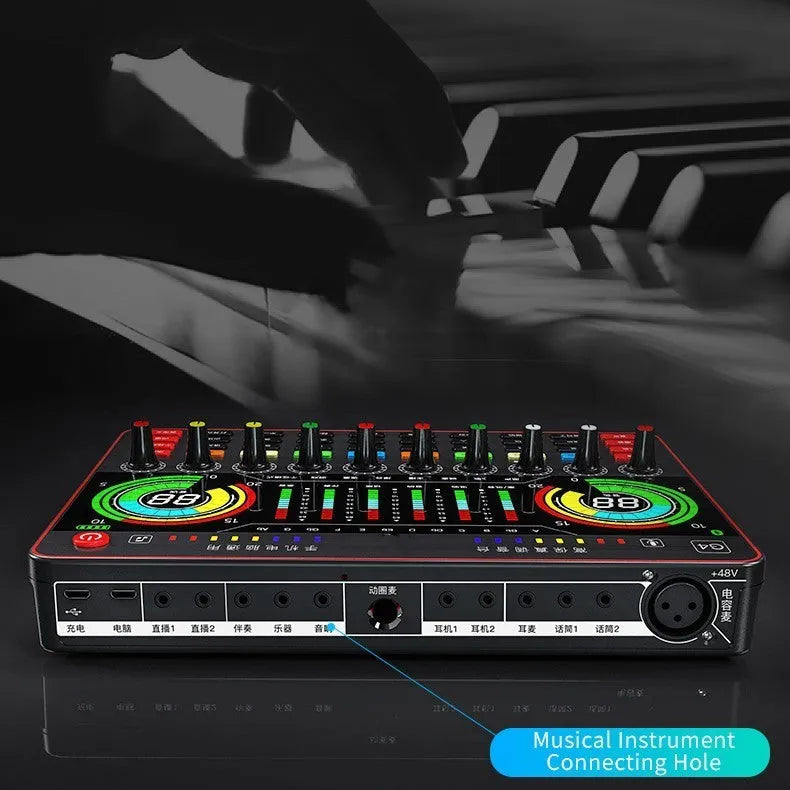 G4 professional live sound card with colour LCD screen, tuning knobs, and included microphone and cables