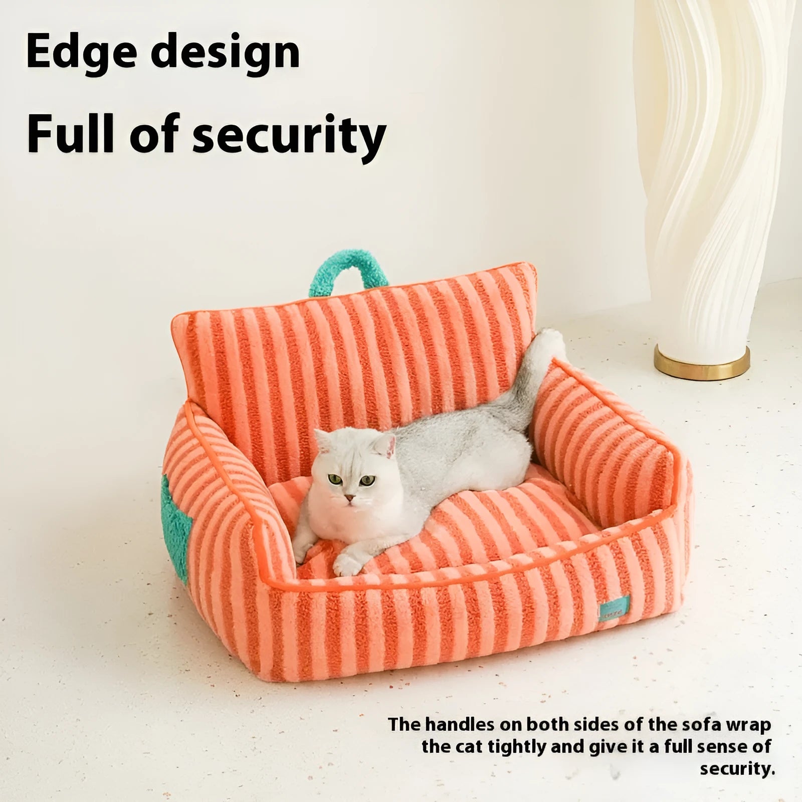 Striped soft velvet dog bed with removable cover in orange, purple or yellow colour options