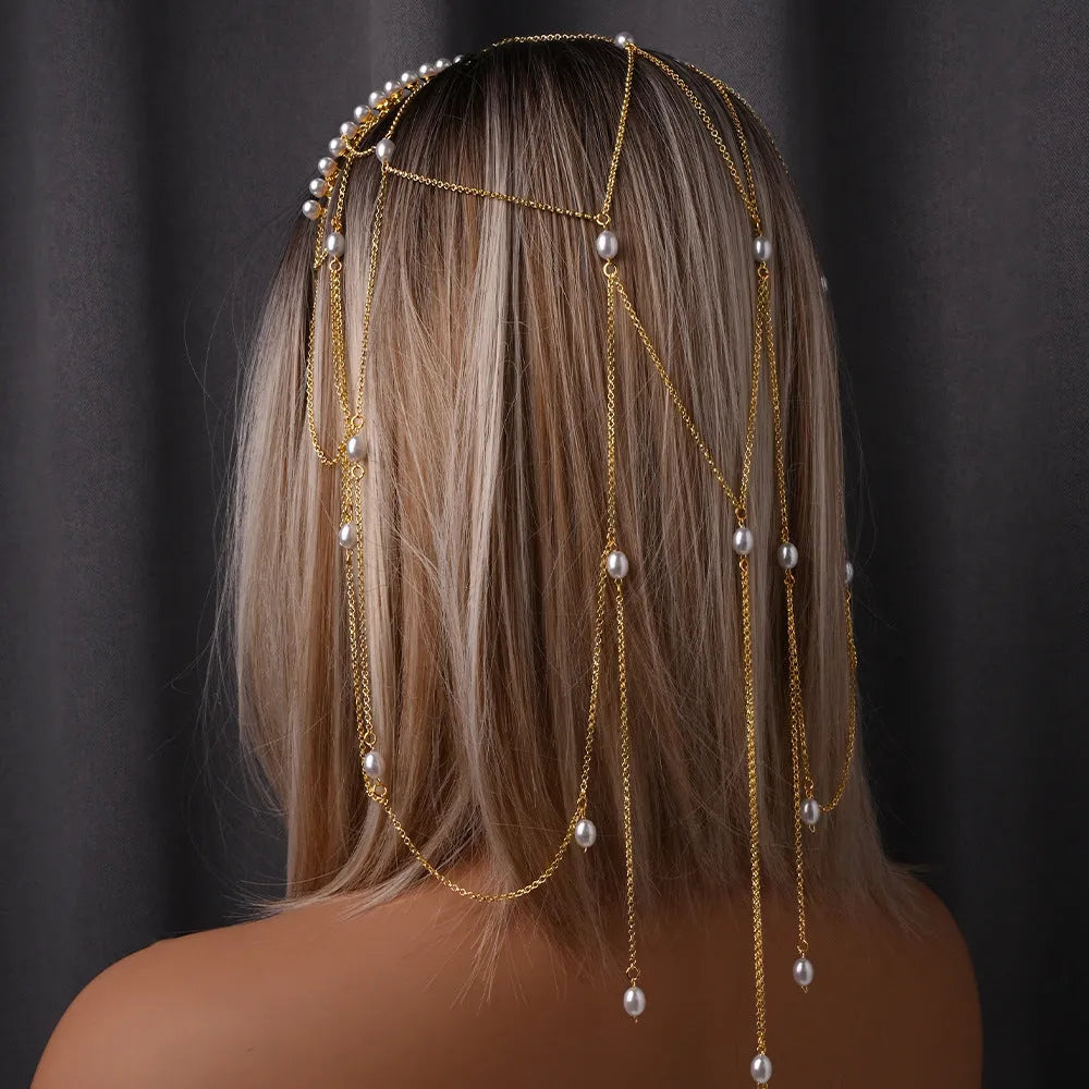 Electroplated mesh tassel hair chain for women in gold or silver with pearl details
