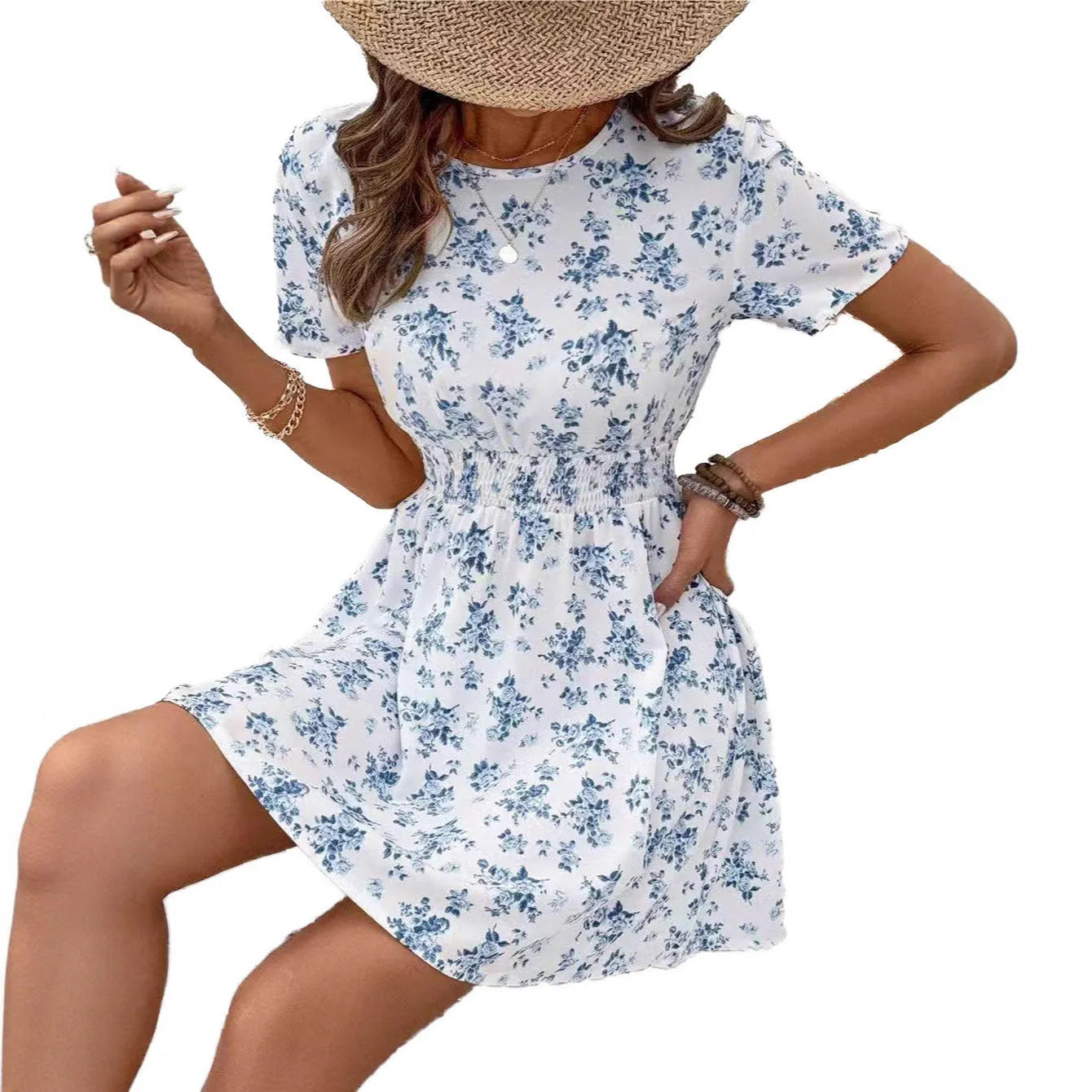Light blue high waist A-line casual dress with regular sleeves, shown on a model.