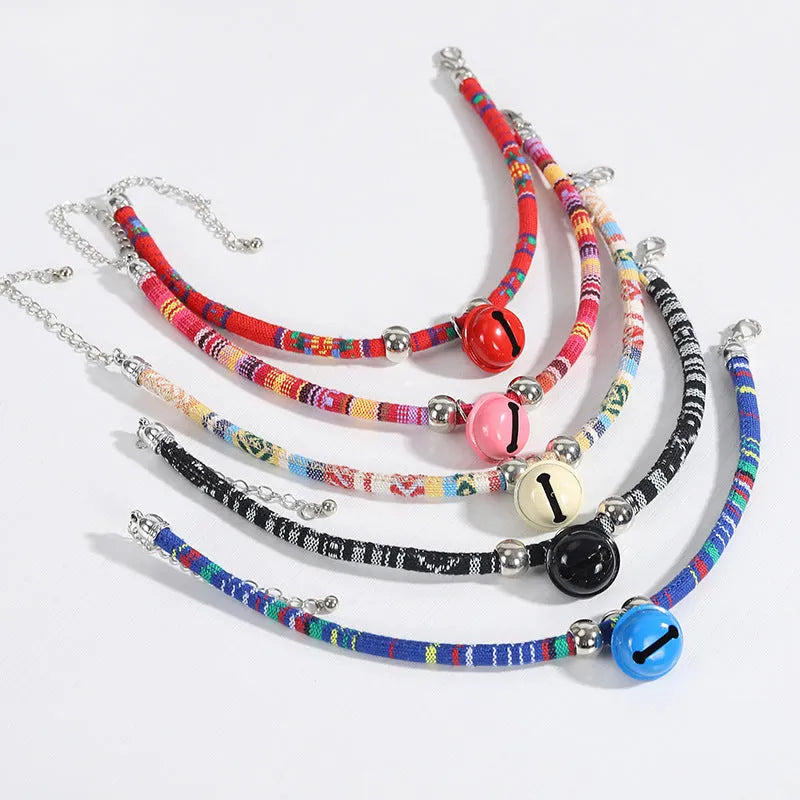 Colourful ethnic pattern adjustable pet collar with bell in multiple colour options