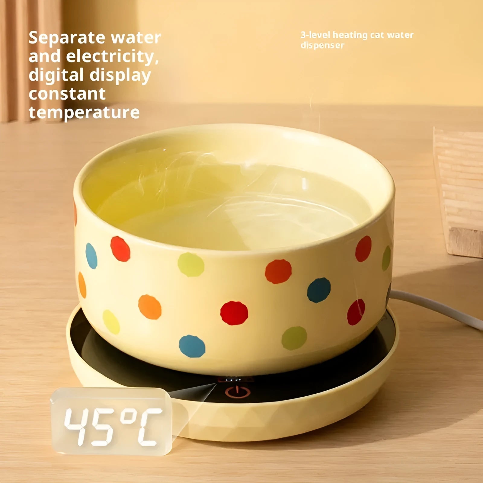 Ceramic cat water bowl with USB constant temperature heating mat in Leo Black colour