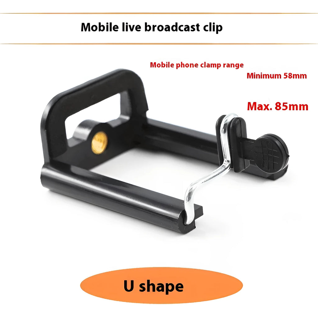 Black plastic U-clip mobile phone holder with a 1/4-inch mounting screw