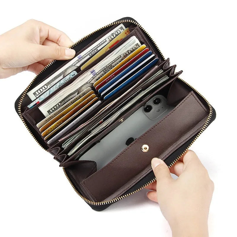 Women's long genuine leather wallet in multiple colours showing zip-around closure and anti-theft card slots.