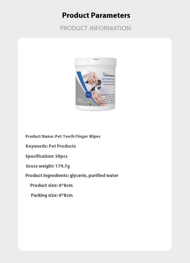 Can of 50 dog teeth cleaning finger wipes next to a silicone finger stall for oral care.