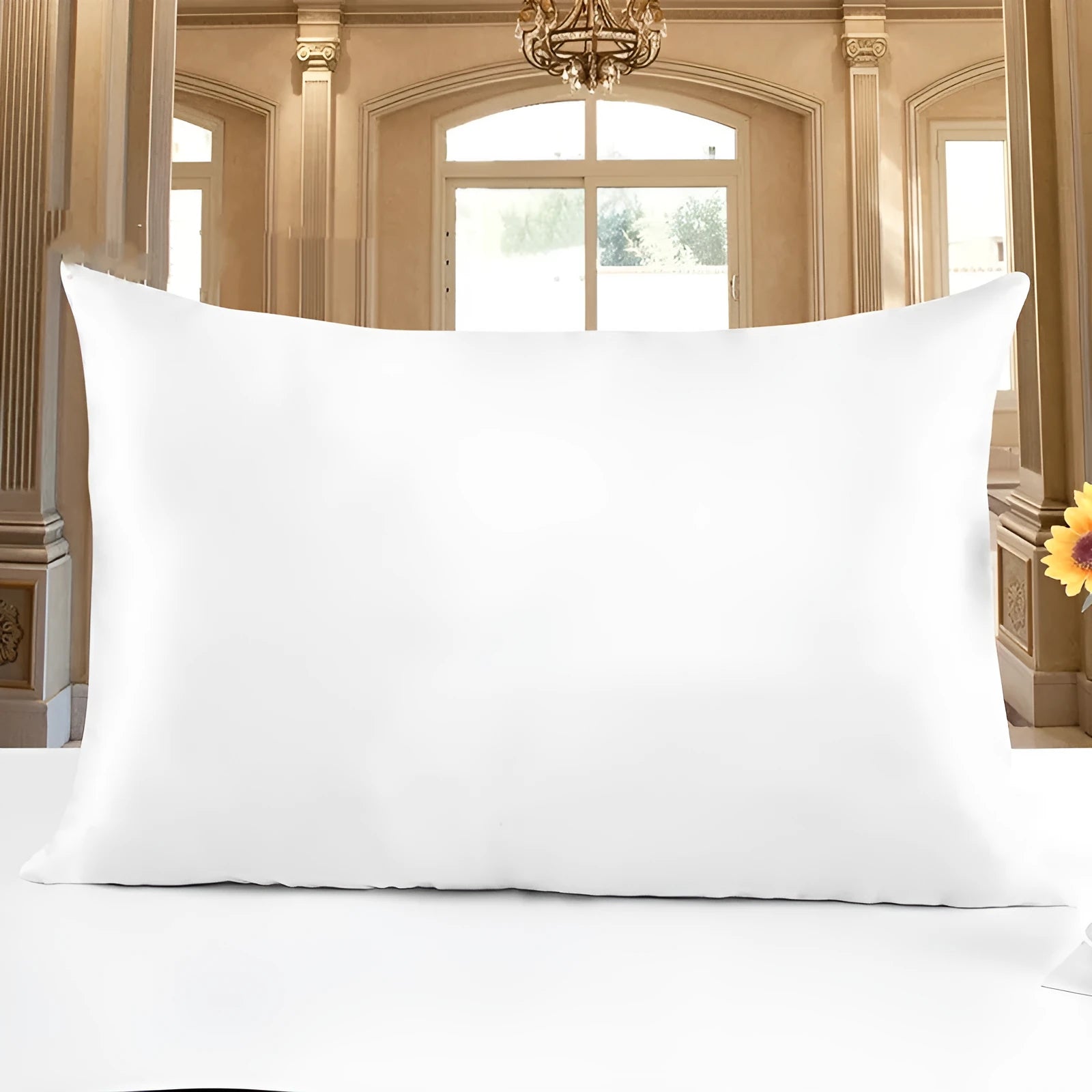 Double-sided 19 M silk pillowcase in apricot colour, showing reversible construction and standard UK size.