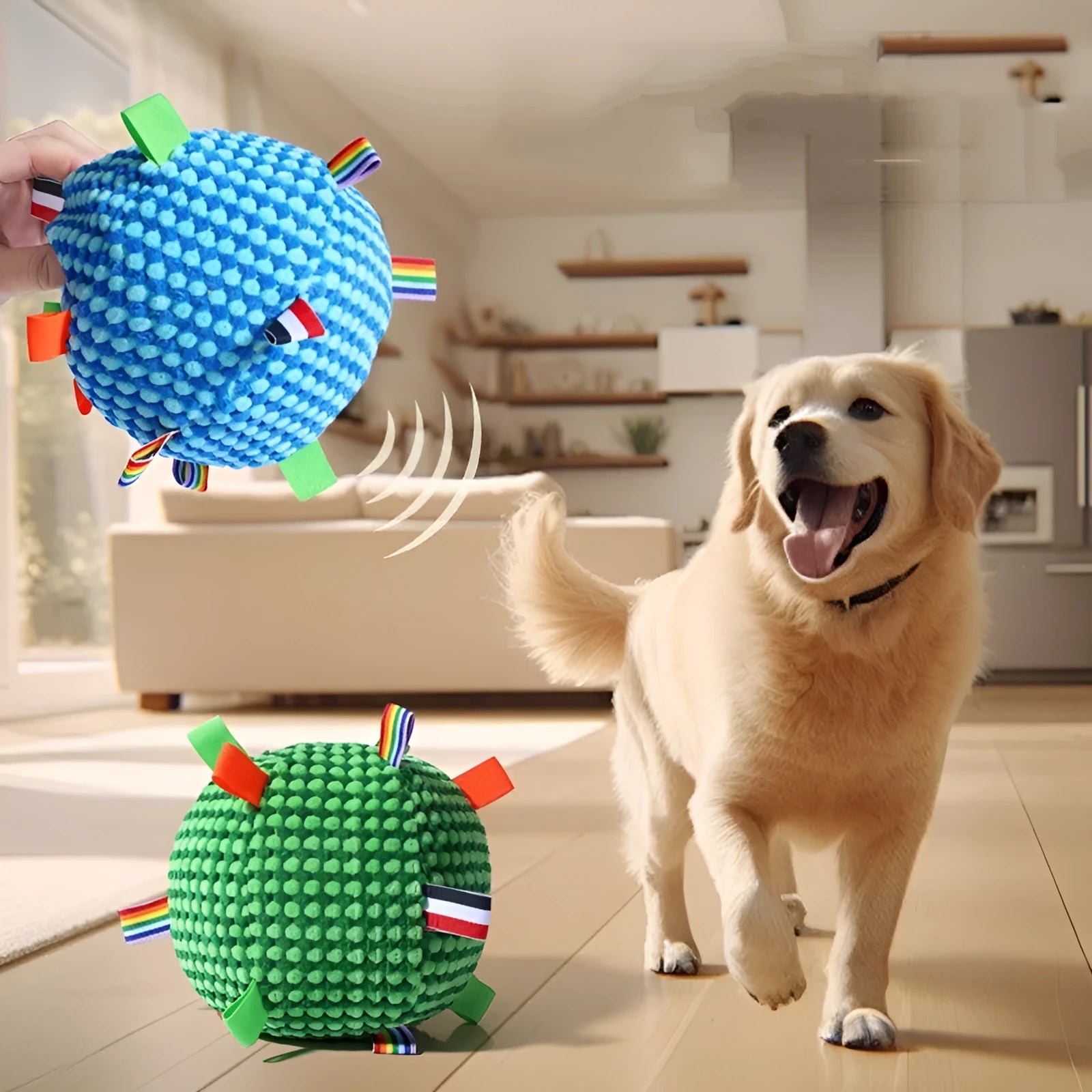 Blue pineapple lattice pattern rolling ball dog toy with squeaker measuring 17cm in diameter