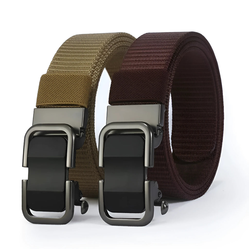Men's nylon canvas belt with toothless alloy buckle shown in multiple colour options.