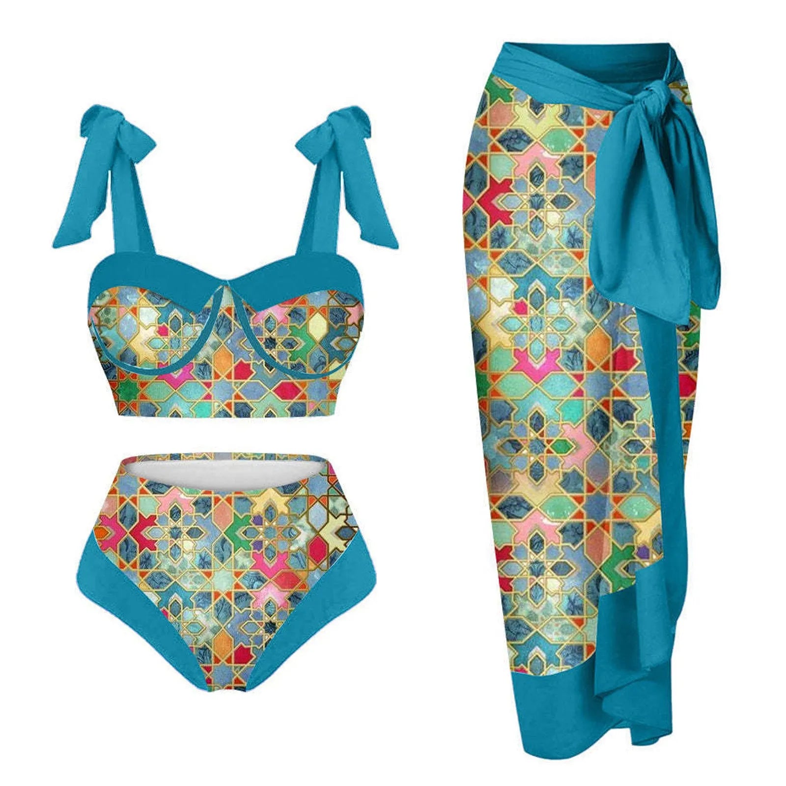 Women's printed three-piece swimming costume with bra, skirt and briefs in polyester fabric