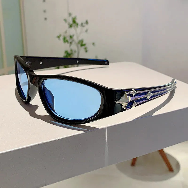 PC frame sports sunglasses with category 3 lenses in black frame blue lens colour option