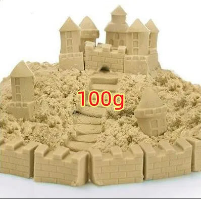 Kinetic space sand in multiple colours including blue, green, orange, pink, purple, red, rose, and sand colour in plastic bag packaging