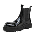 Men's glossy patent leather ankle boots with low square heel and sewing thread detail, black colour