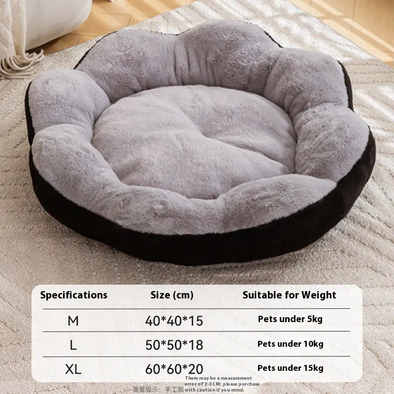 A thick rabbit plush round nest cat bed in a brown gray colour, shown with a detachable section.