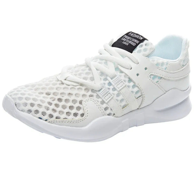 Low-top breathable mesh sneaker with hollow design in various colours on a white background.