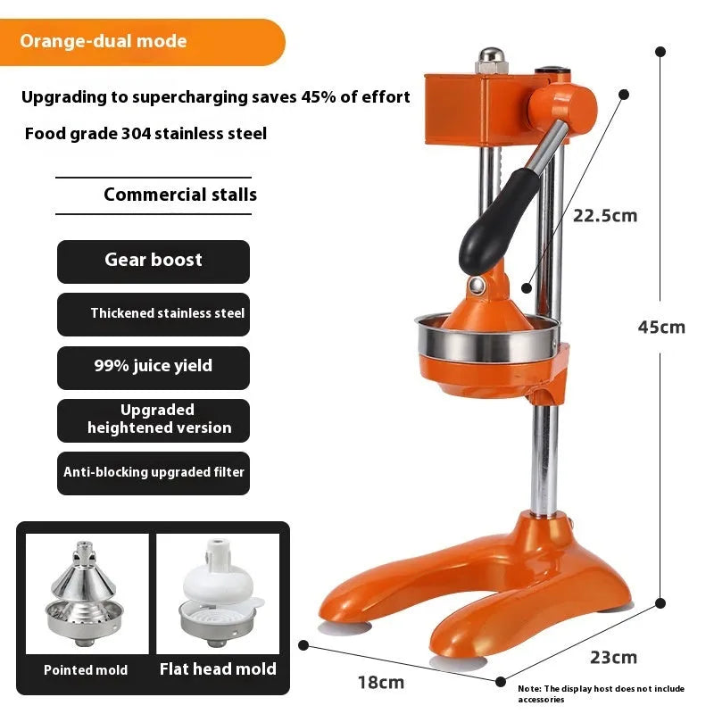 Stainless steel manual vertical citrus juicer on a countertop, showing optional colour finishes and head styles.
